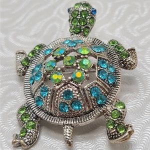 Vintage Sea Turtle Brooch/Pin AB Rhinestones Sparkly Aqua Bling Silver Tone
